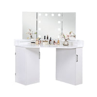 Laura Vanity Desk Set, 3 Panel Mirror, 10 Light Bulbs White Solid Wood - BM333629