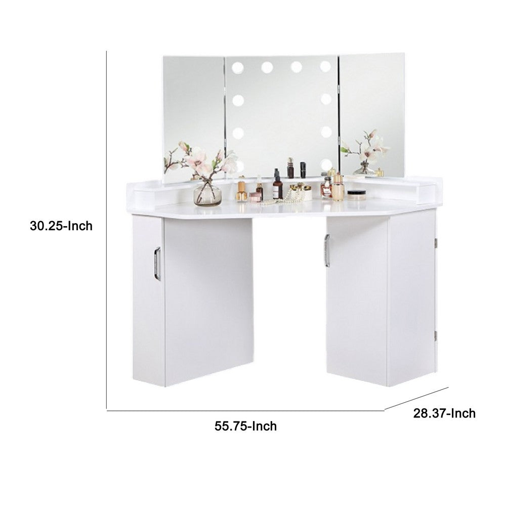 Laura Vanity Desk Set, 3 Panel Mirror, 10 Light Bulbs White Solid Wood - BM333629