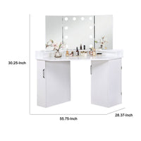 Laura Vanity Desk Set, 3 Panel Mirror, 10 Light Bulbs White Solid Wood - BM333629
