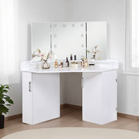 Laura Vanity Desk Set, 3 Panel Mirror, 10 Light Bulbs White Solid Wood - BM333629