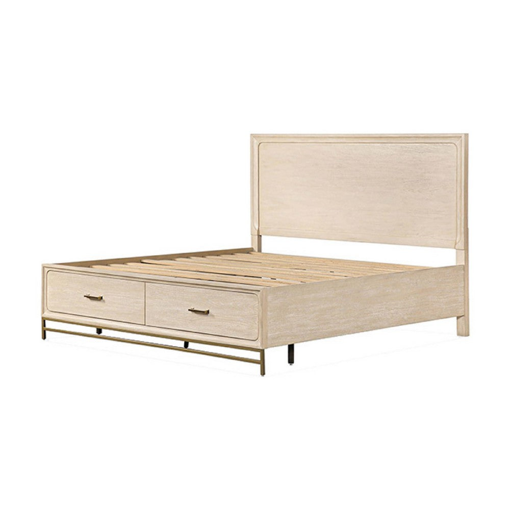 Rozie Queen Bed, Footboard Storage Drawers, Light Oak Brown Solid Wood - BM333634