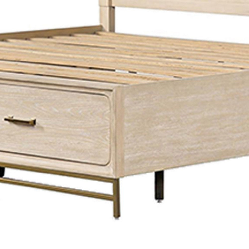 Rozie Queen Bed, Footboard Storage Drawers, Light Oak Brown Solid Wood - BM333634