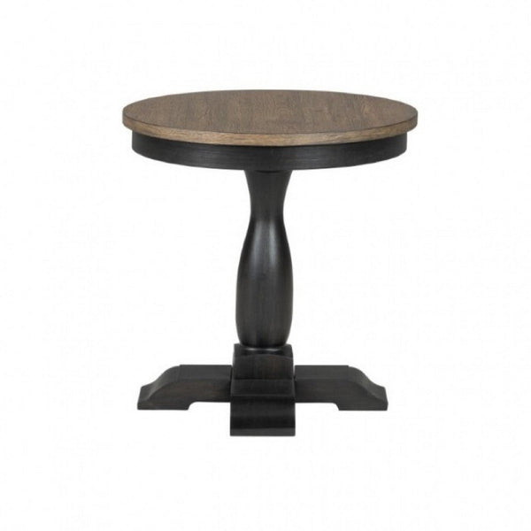 Ginie Round End Table, Rustic Black Brown Solid Rubberwood, 24 Inch -BM333751