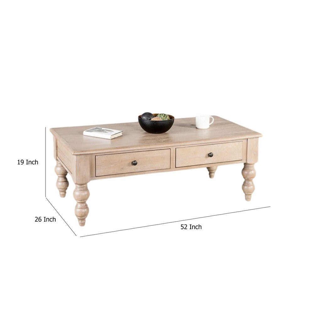 Cherie Coffee Table, 2 Drawers, Light White Washed Wood, 52 Inch -BM333753