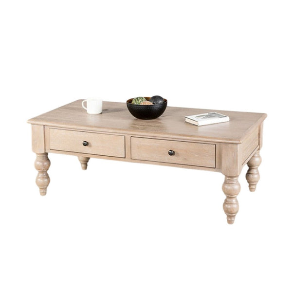 Cherie Coffee Table, 2 Drawers, Light White Washed Wood, 52 Inch -BM333753