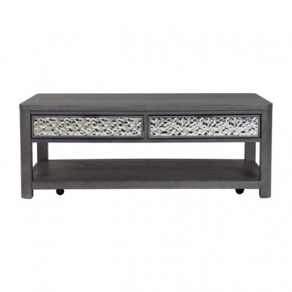 Zoko 48 Inch Coffee Table, Caster Wheels, Drawers, Ash Gray Rubberwood -BM333756