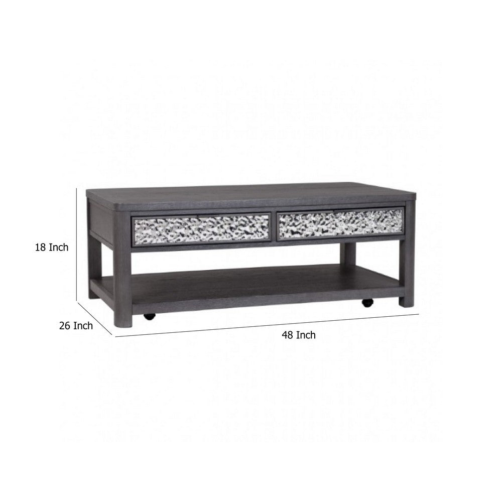 Zoko 48 Inch Coffee Table, Caster Wheels, Drawers, Ash Gray Rubberwood -BM333756