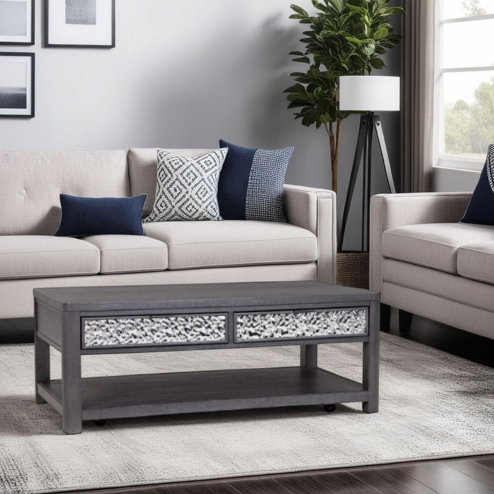 Zoko 48 Inch Coffee Table, Caster Wheels, Drawers, Ash Gray Rubberwood -BM333756