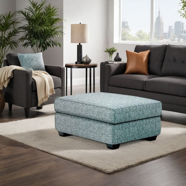 Berrie Ottoman, Teal Blue Polyester Cushioned Top, Black Wood, 40 Inch -BM333777