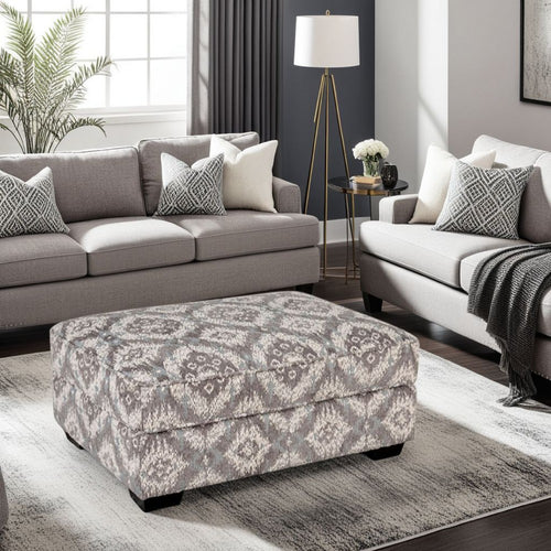 Berrie Ottoman, Geometric Gray White Polyester, Solid Wood, 40 Inch -BM333779