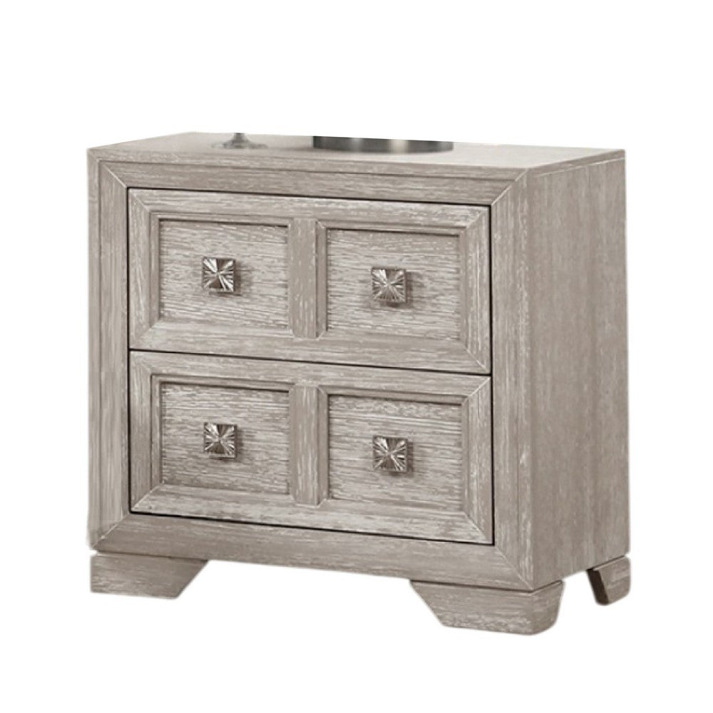Diaz Nightstand with 2 Drawers, Sunburst Design Front, Light Gray Wood -BM333785
