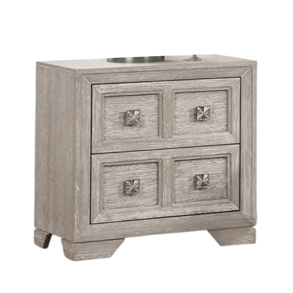 Diaz Nightstand with 2 Drawers, Sunburst Design Front, Light Gray Wood -BM333785