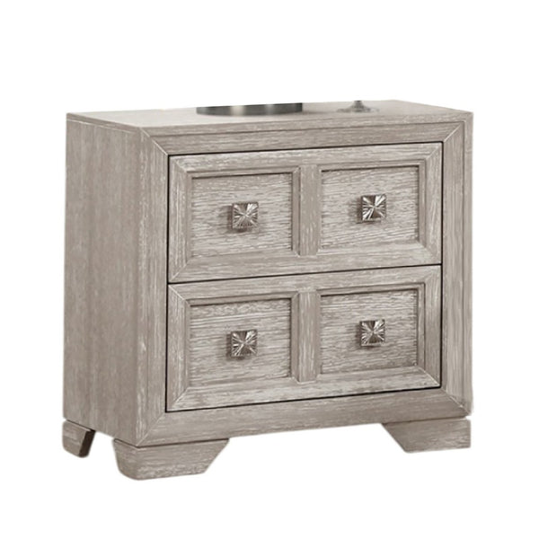 Diaz Nightstand with 2 Drawers, Sunburst Design Front, Light Gray Wood -BM333785