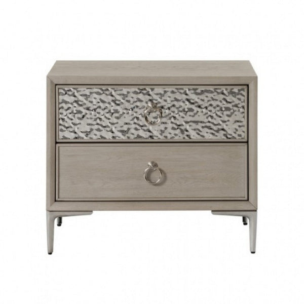 Kaira Nightstand with 2 USB Ports, Textured Metal, Natural Oak Brown -BM333798