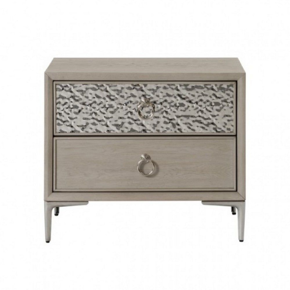 Kaira Nightstand with 2 USB Ports, Textured Metal, Natural Oak Brown -BM333798