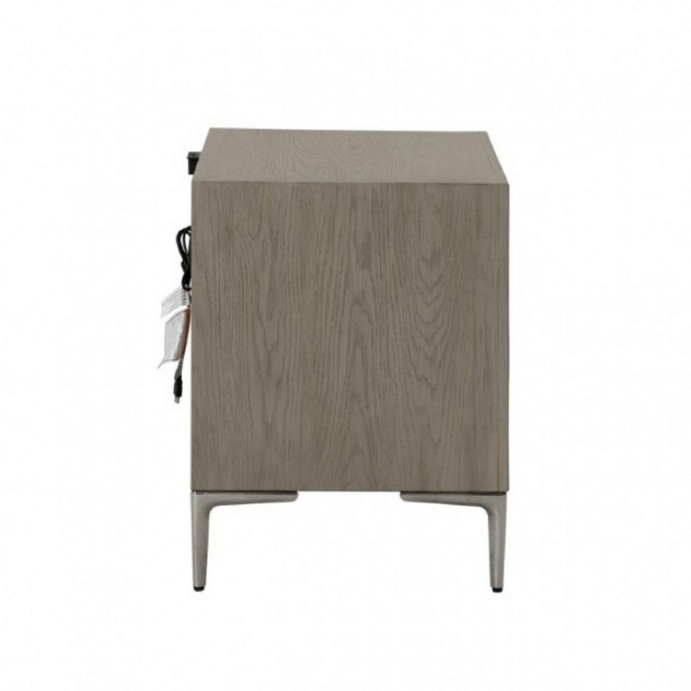 Kaira Nightstand with 2 USB Ports, Textured Metal, Natural Oak Brown -BM333798