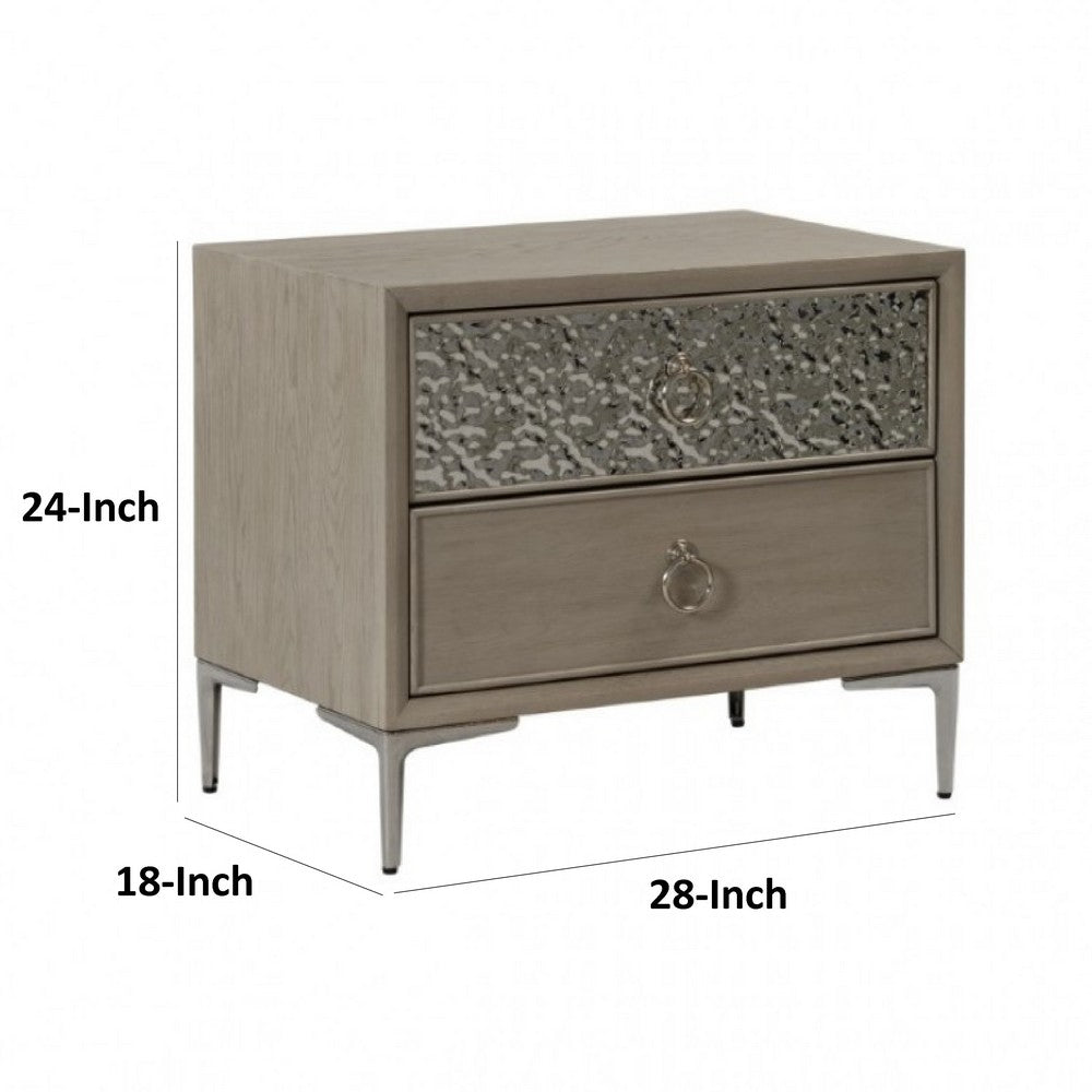 Kaira Nightstand with 2 USB Ports, Textured Metal, Natural Oak Brown -BM333798