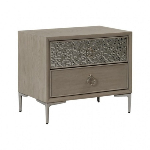Kaira Nightstand with 2 USB Ports, Textured Metal, Natural Oak Brown -BM333798