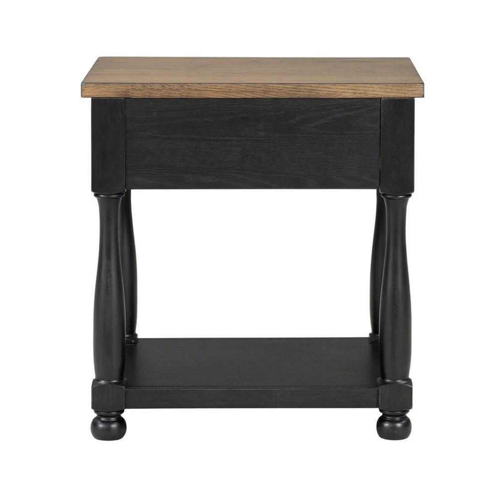 Ginie Nightstand, USB Ports and Drawer, Shelf, Black Rustic Oak Wood -BM333802