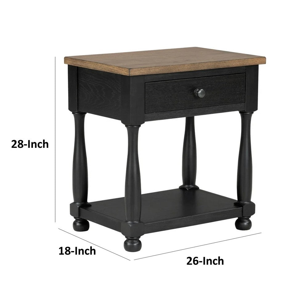 Ginie Nightstand, USB Ports and Drawer, Shelf, Black Rustic Oak Wood -BM333802