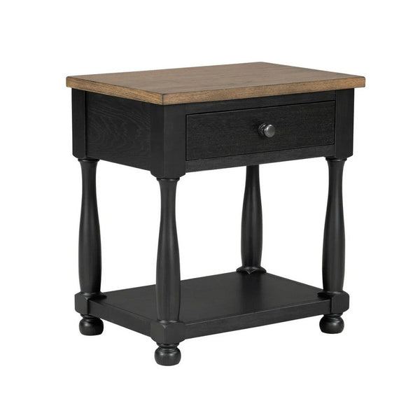 Ginie Nightstand, USB Ports and Drawer, Shelf, Black Rustic Oak Wood -BM333802