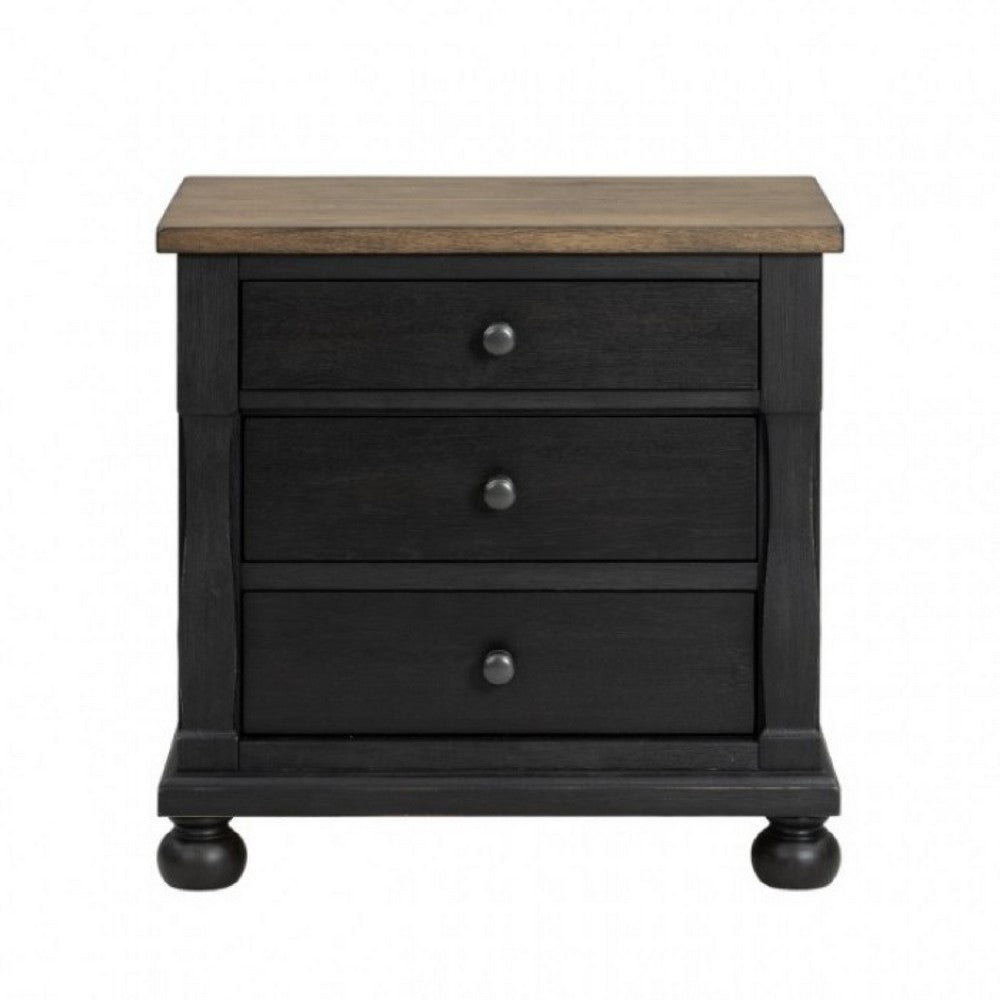 Ginie Nightstand with 2 USB Ports, 3 Drawers, Black Rustic Oak Brown -BM333803