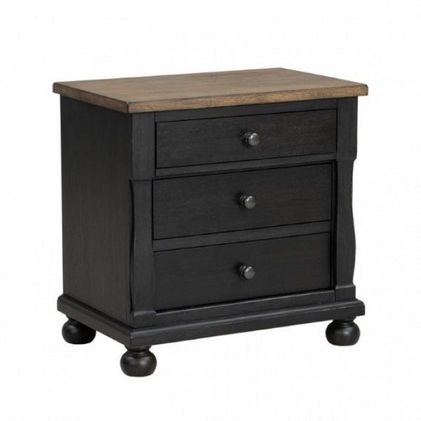 Ginie Nightstand with 2 USB Ports, 3 Drawers, Black Rustic Oak Brown -BM333803