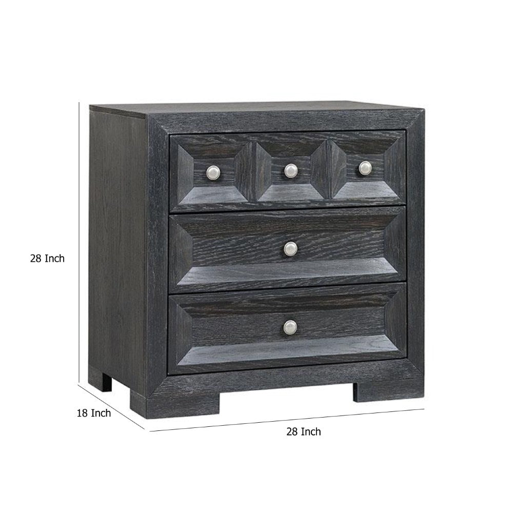 Kizie Nightstand, 3 Drawers, USB A-C, Weathered Black Wood, 28 Inch -BM333811