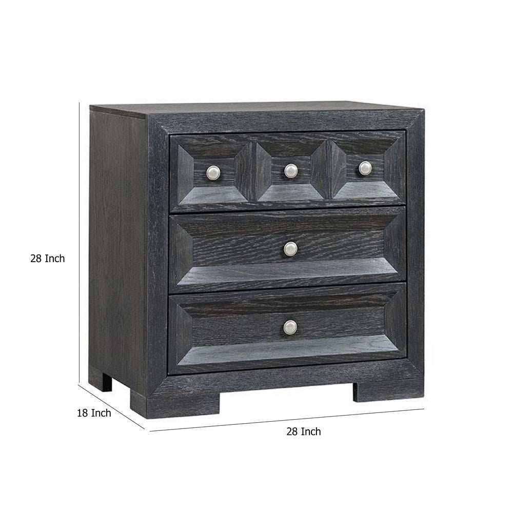 Kizie Nightstand, 3 Drawers, USB A-C, Weathered Black Wood, 28 Inch -BM333811