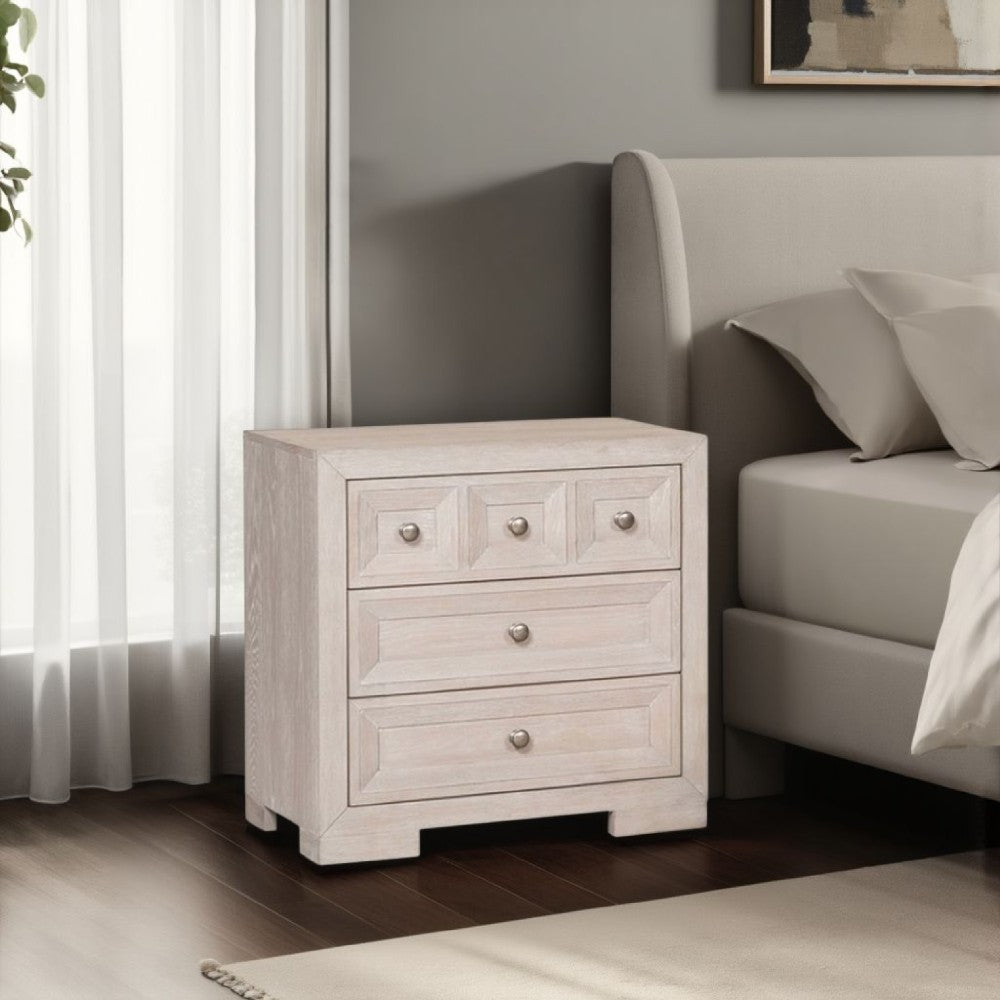 Kizie Nightstand, USB, 3 Drawers, Bronze, Beige Solid Wood, 28 Inch -BM333816