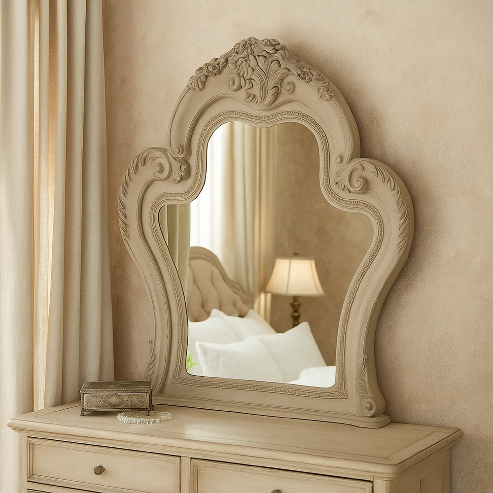Ally Vanity Mirror, 46x46, Scrolled Carved Classic Details, White Wood -BM333868