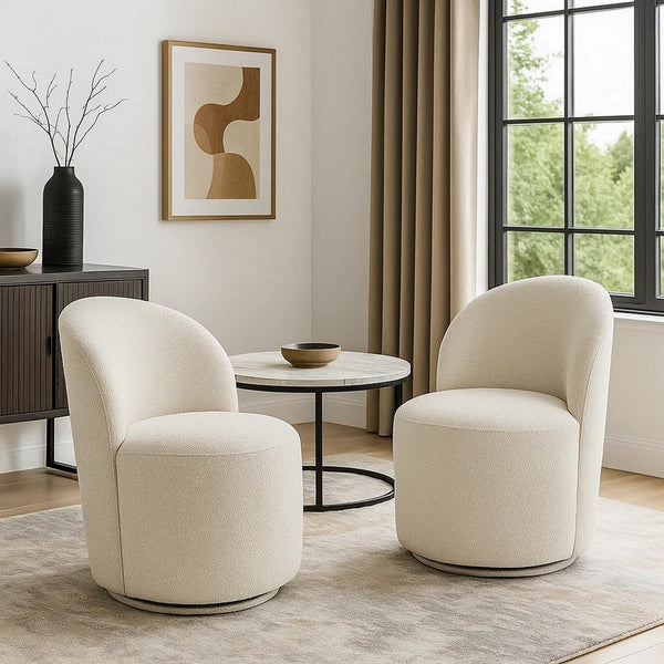 Accent Chair Set of 2, 360 Degree Swivel Rotation, Beige White Boucle -BM333875