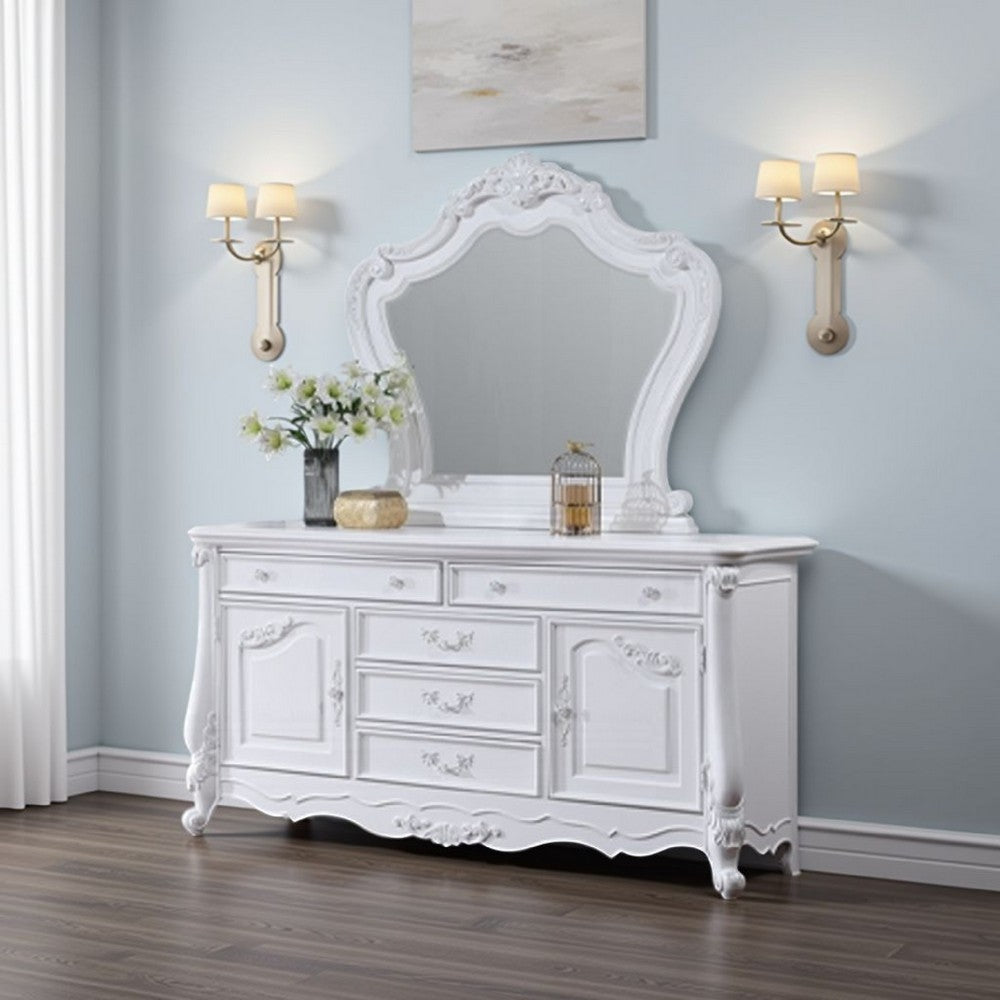 Maver Dresser Mirror, 46x48, Beveled Edges, White Ornate Carved Wood -BM333877