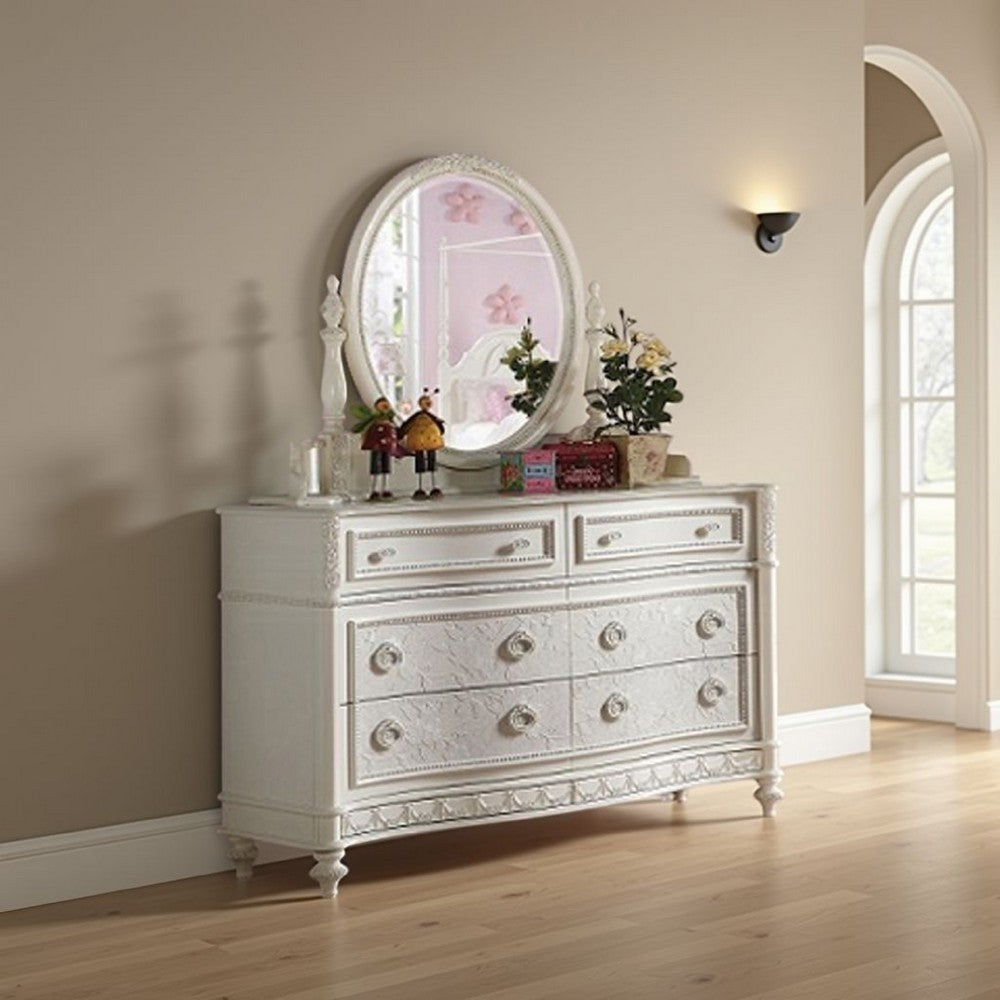 Dorie Vanity Dresser Mirror, 35x48, White Wood Floral, Beveled Edge -BM333878