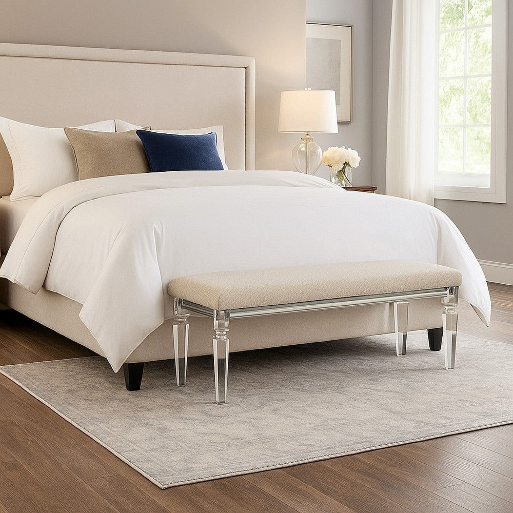 Rara Bench, Beige Padded Seat, 54 Inch Clear Tapered Acrylic Legs -BM333881