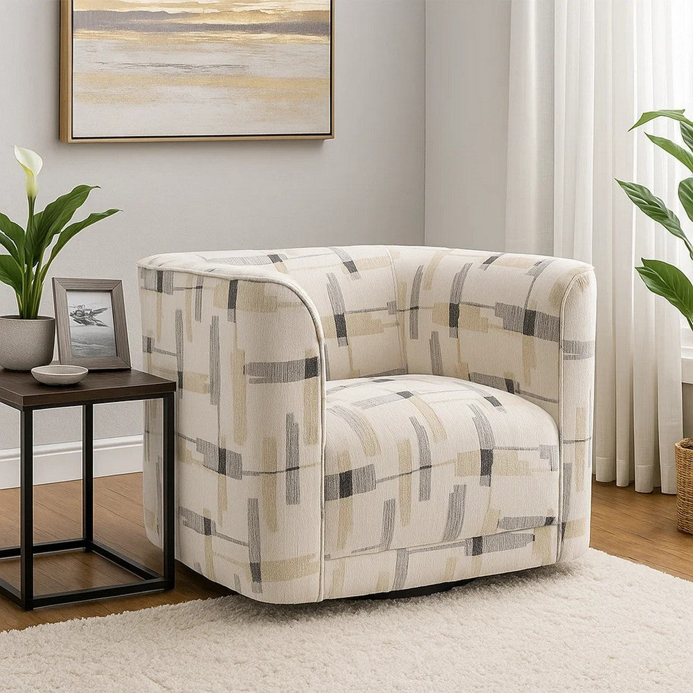 Lenu Swivel Accent Sofa Chair, Beige Pattern Fabric, Boxy Padded Seat -BM333916