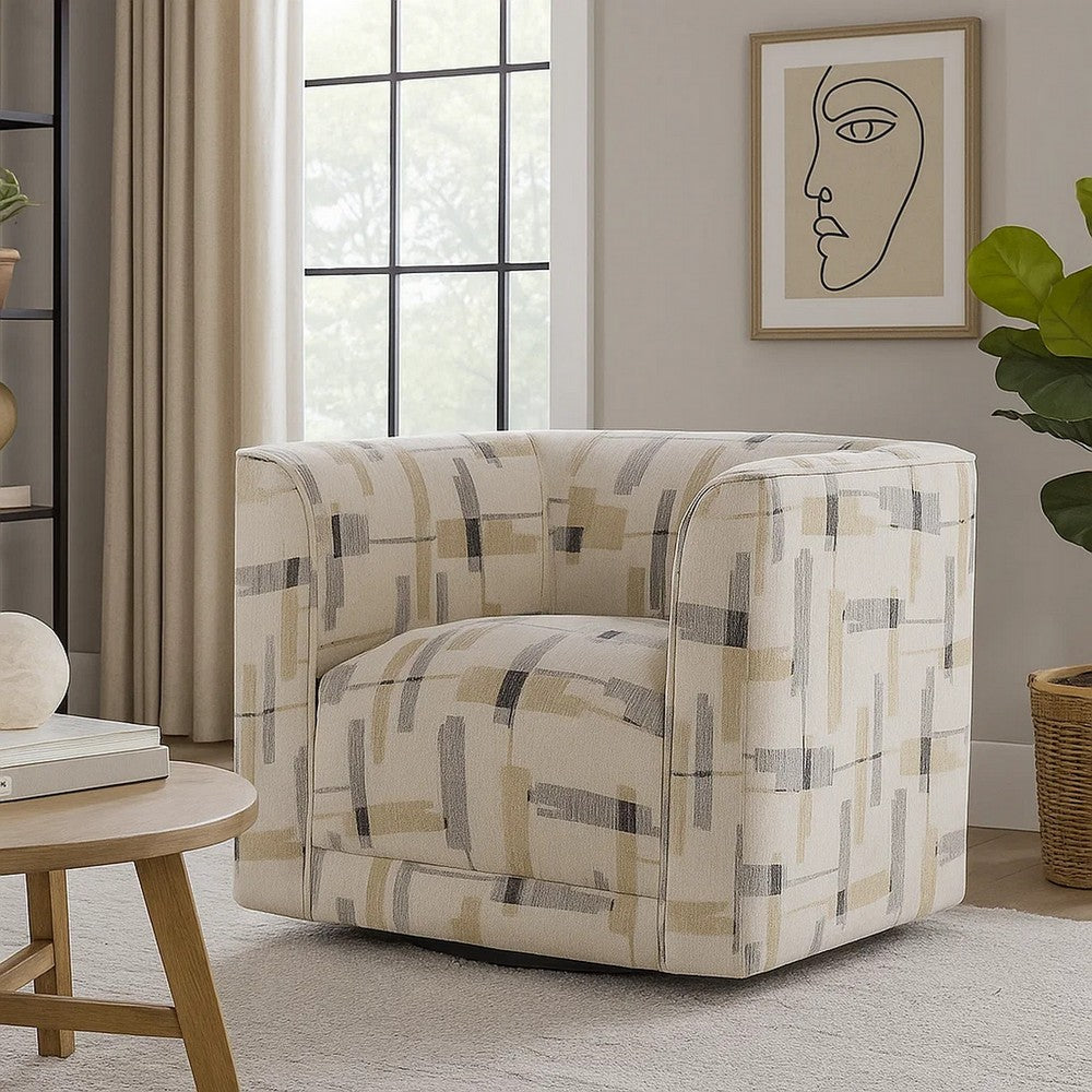 Lenu Swivel Accent Sofa Chair, Beige Pattern Fabric, Boxy Padded Seat -BM333916