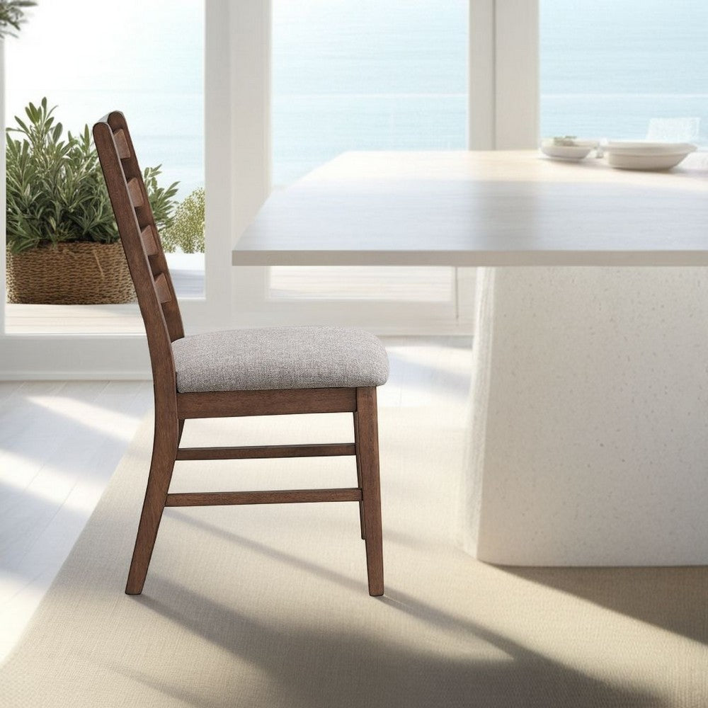 Mea Dining Side Chair Set of 2, Slatted Back, Gray Linen Seat, Brown -BM333925