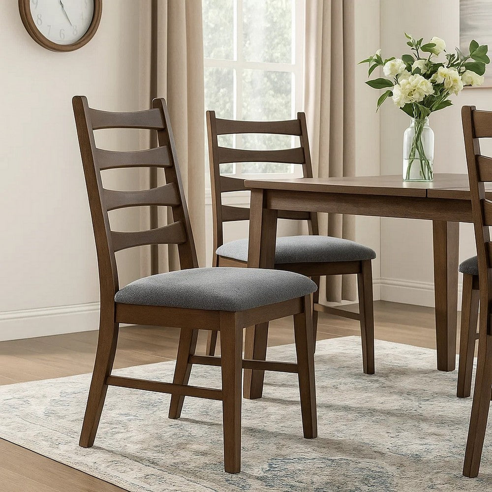 Mea Dining Side Chair Set of 2, Slatted, Dark Gray Linen Seat, Brown -BM333926