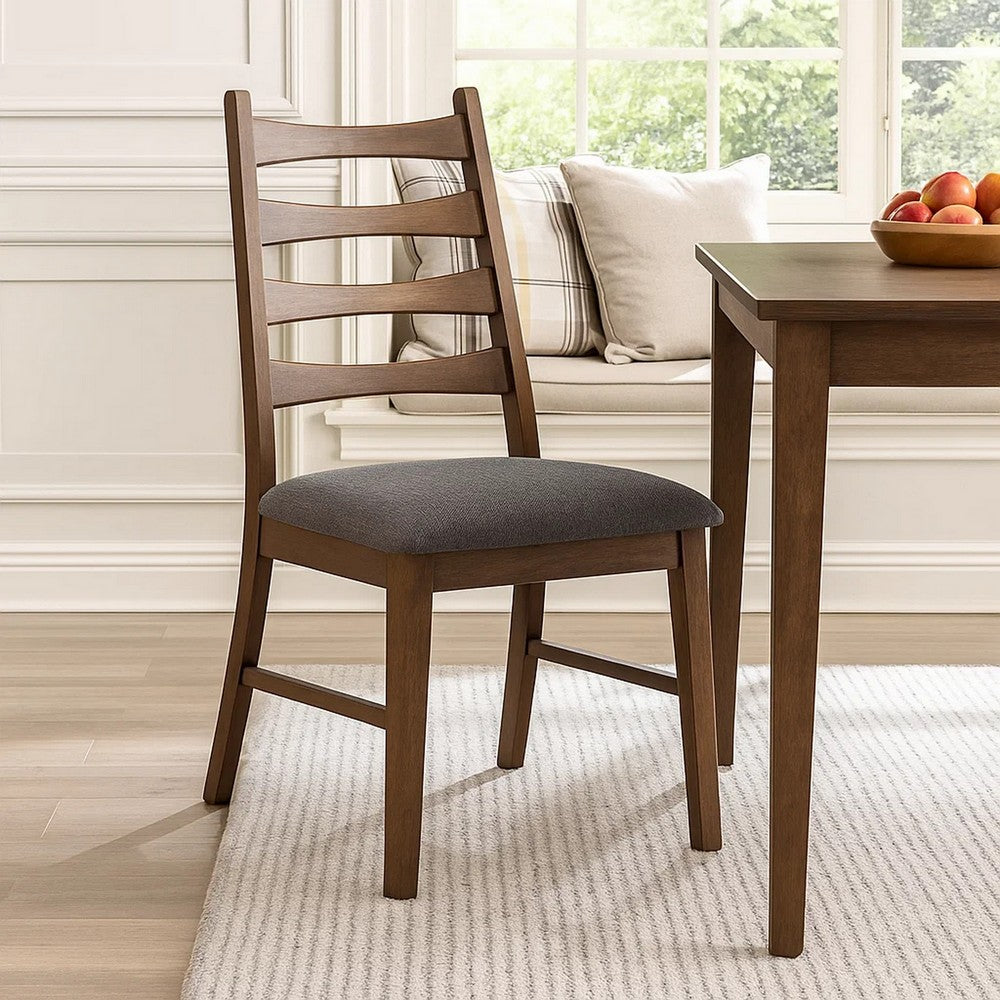 Mea Dining Side Chair Set of 2, Slatted, Dark Gray Linen Seat, Brown -BM333926