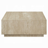 Lory Coffee Table, 35 Inch Square Travertine Top, Natural Wood Beige -BM333939