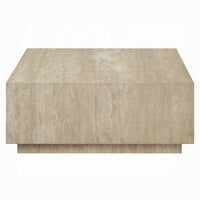 Lory Coffee Table, 35 Inch Square Travertine Top, Natural Wood Beige -BM333939
