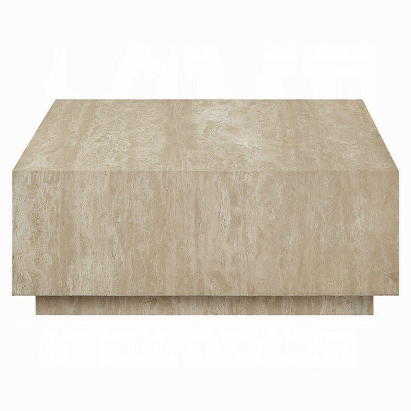 Lory Coffee Table, 35 Inch Square Travertine Top, Natural Wood Beige -BM333939