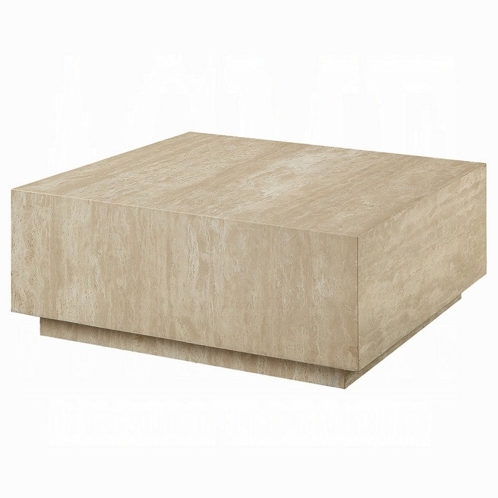 Lory Coffee Table, 35 Inch Square Travertine Top, Natural Wood Beige -BM333939