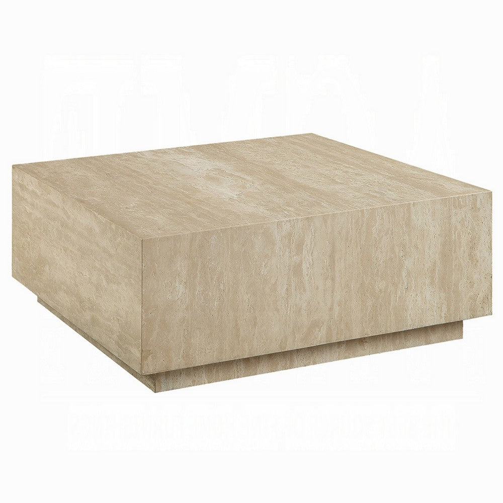 Lory Coffee Table, 35 Inch Square Travertine Top, Natural Wood Beige -BM333939