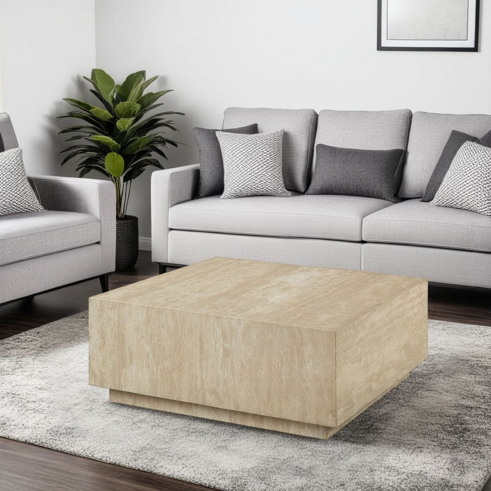 Lory Coffee Table, 35 Inch Square Travertine Top, Natural Wood Beige -BM333939