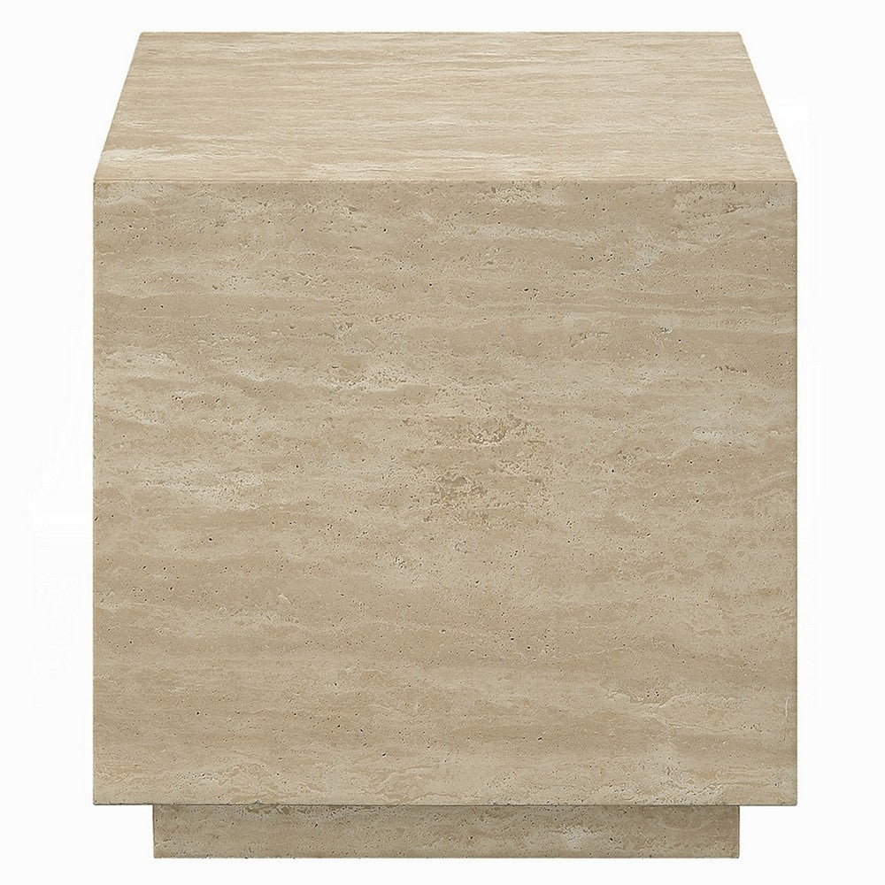 Lory Side End Table, 19 Inch Square Travertine Top, Natural Wood Beige -BM333940