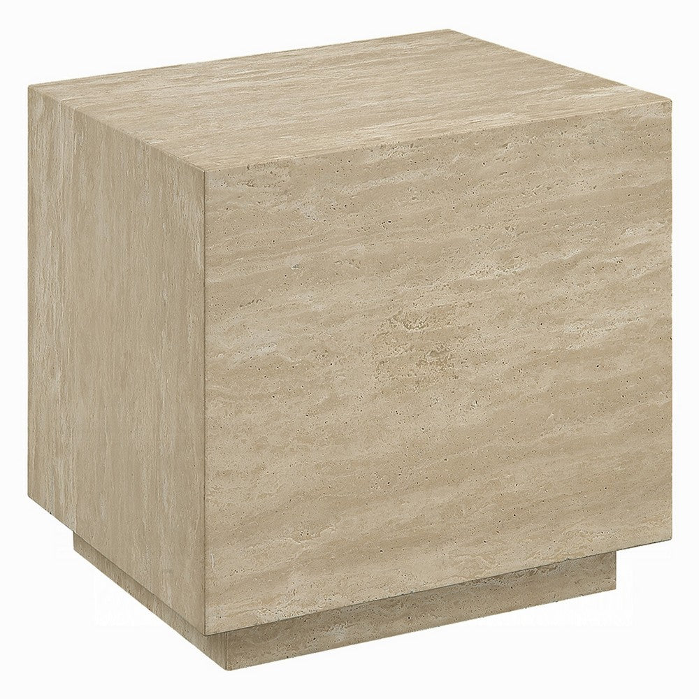 Lory Side End Table, 19 Inch Square Travertine Top, Natural Wood Beige -BM333940