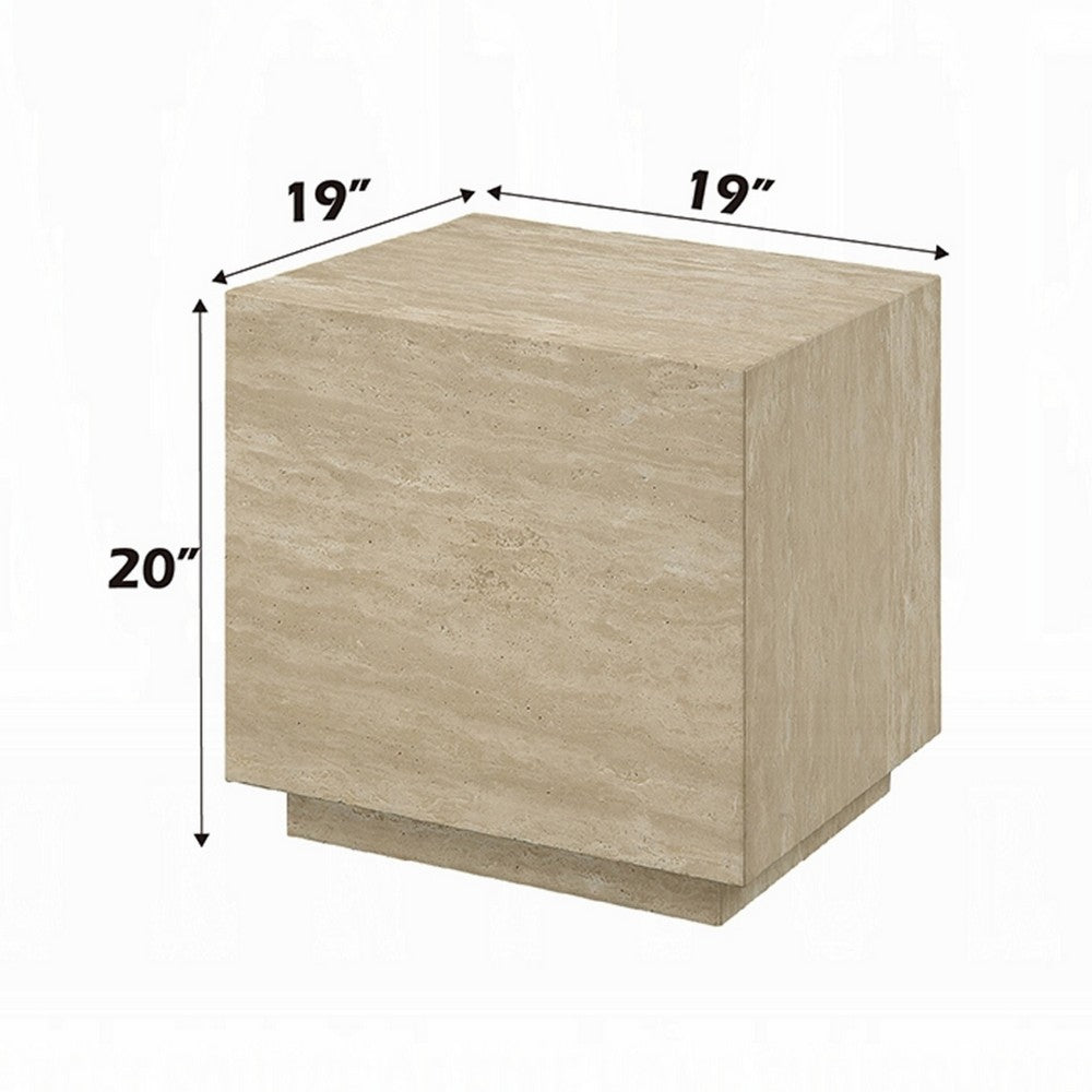 Lory Side End Table, 19 Inch Square Travertine Top, Natural Wood Beige -BM333940