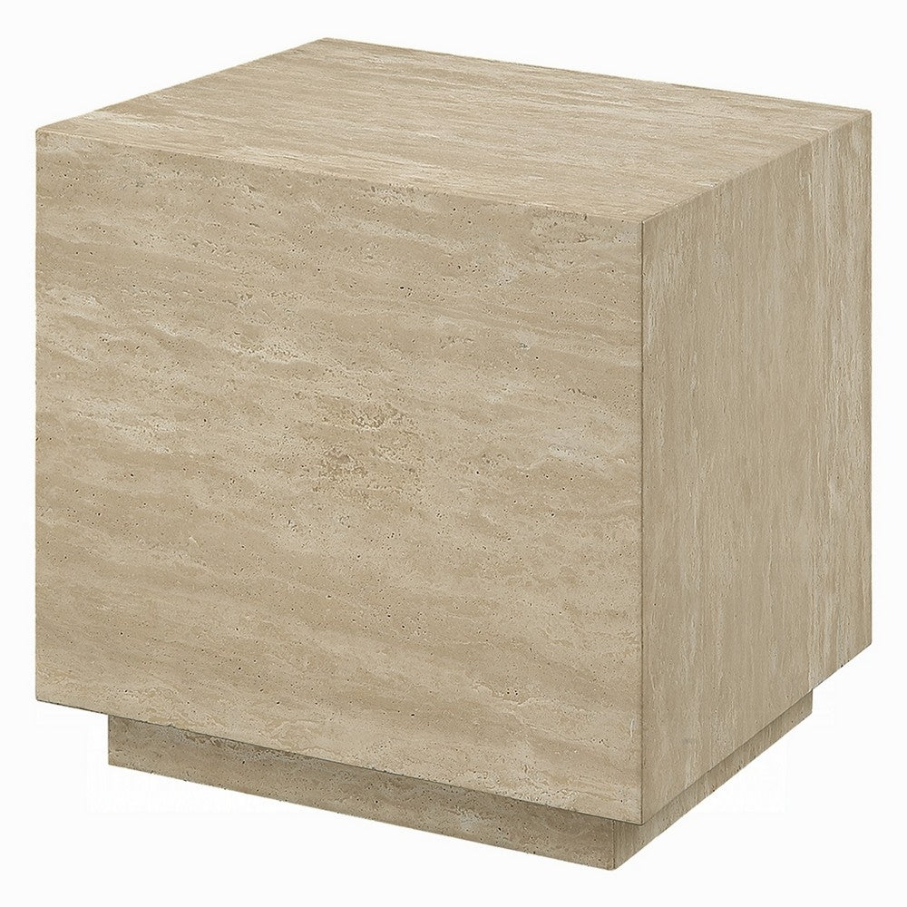 Lory Side End Table, 19 Inch Square Travertine Top, Natural Wood Beige -BM333940